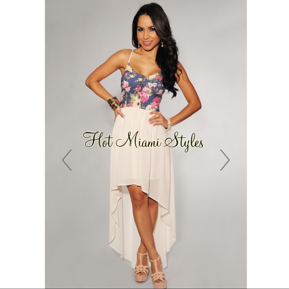 Floral Denim Top Ivory High-Low Dress